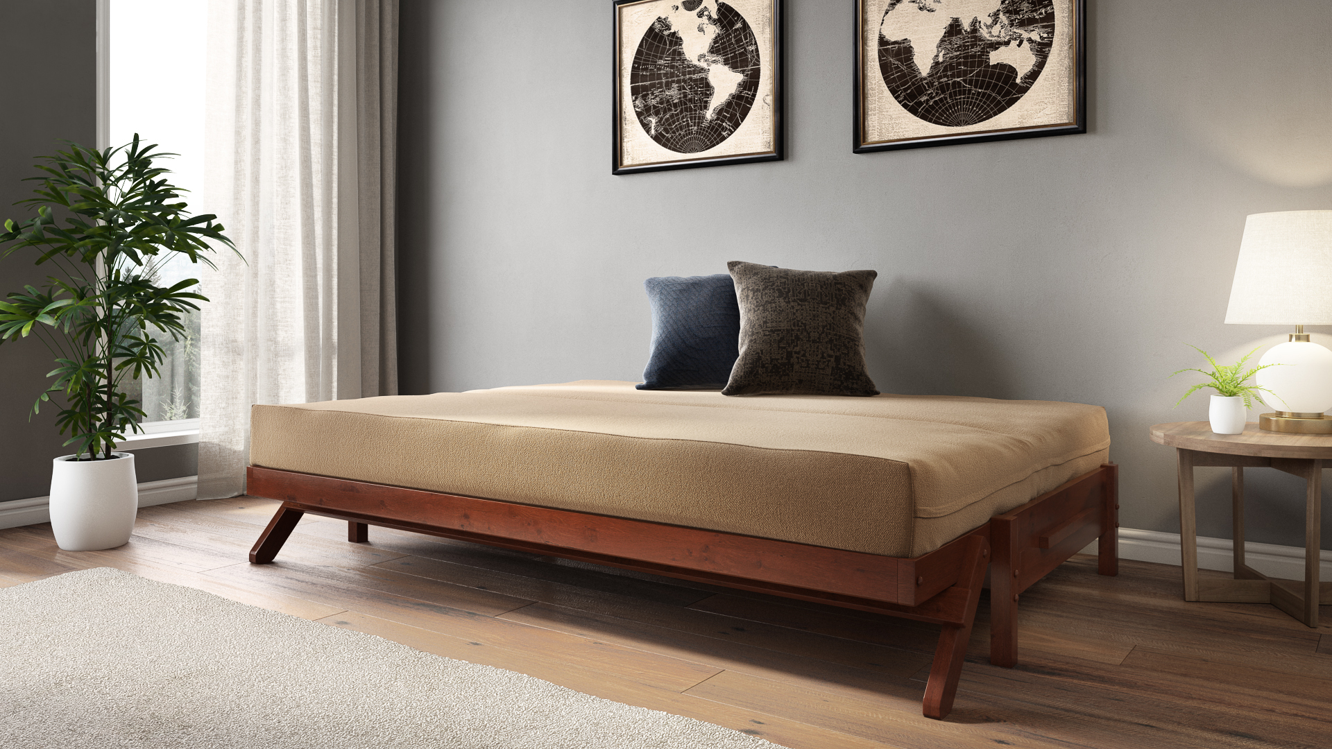Futon frame in a bed position