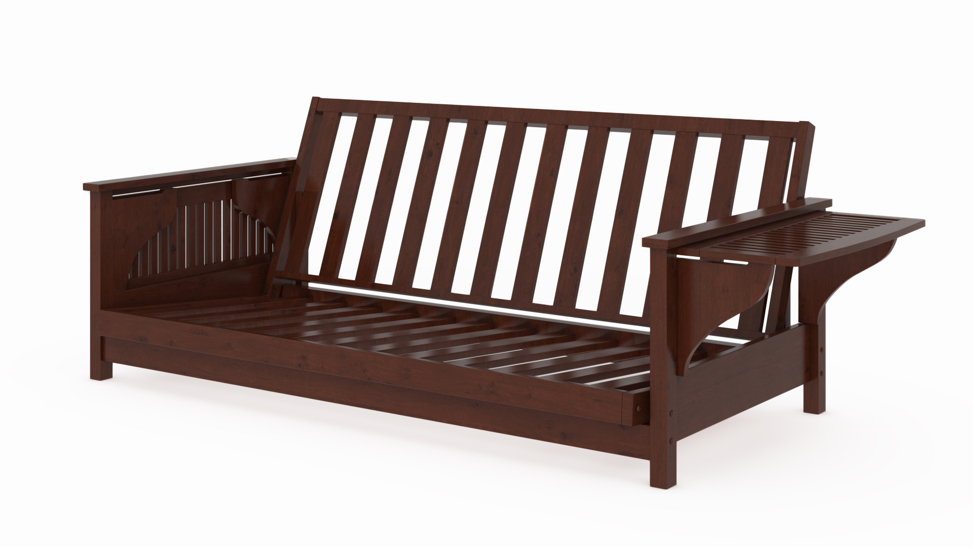 All wood futon frame with a side tray