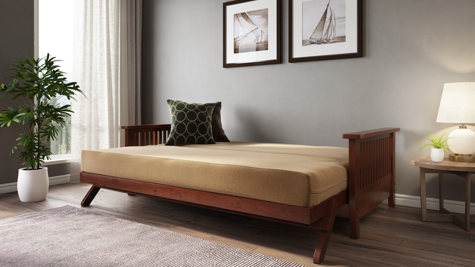 Futon frame in bed position