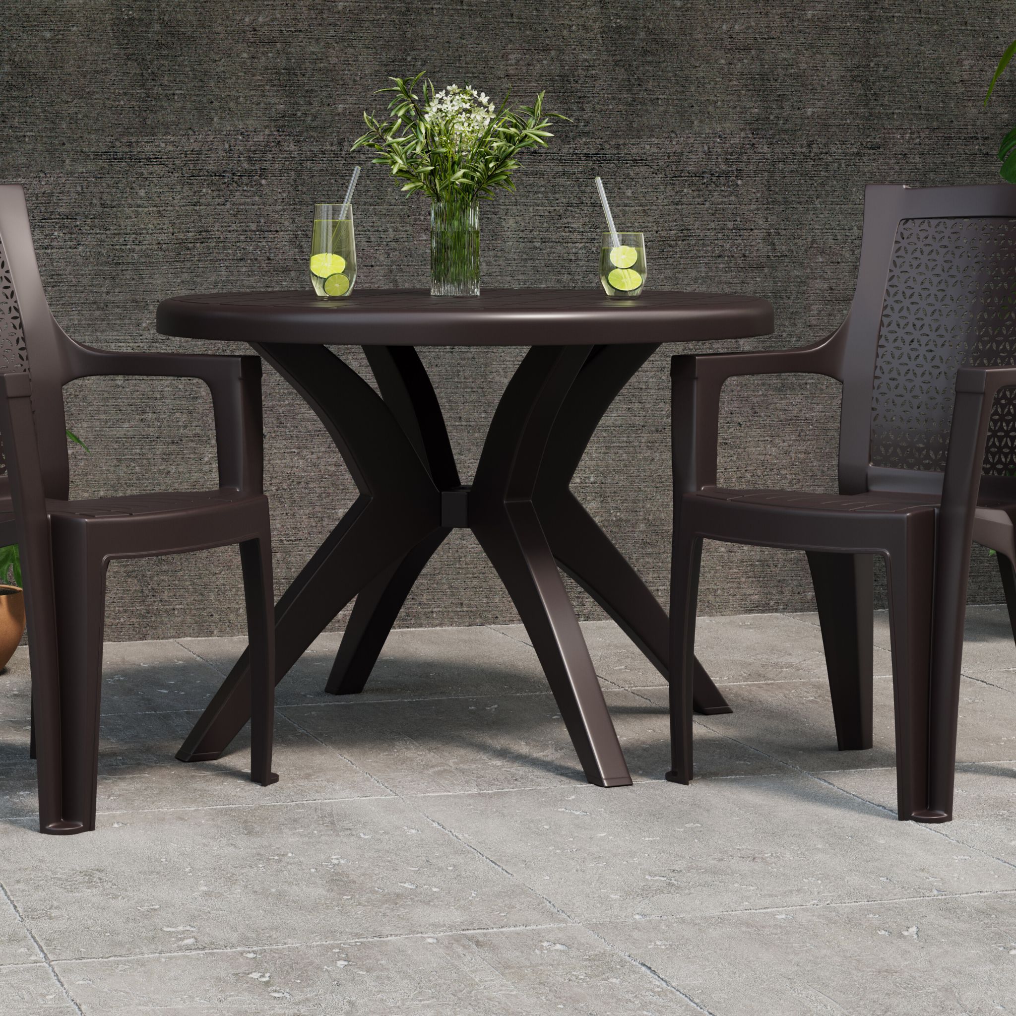 Brown round outdoor dining table