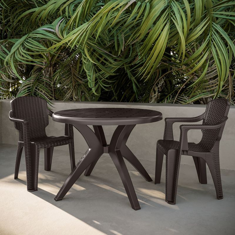 Brown outdoor dining table with two chairs